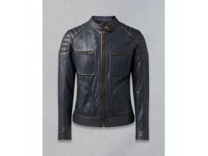 Men Quilted  Deep Navy Leather Motorcycle Jacket