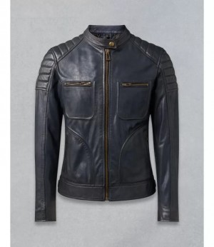 Men Quilted Deep Navy Leather Motorcycle Jacket